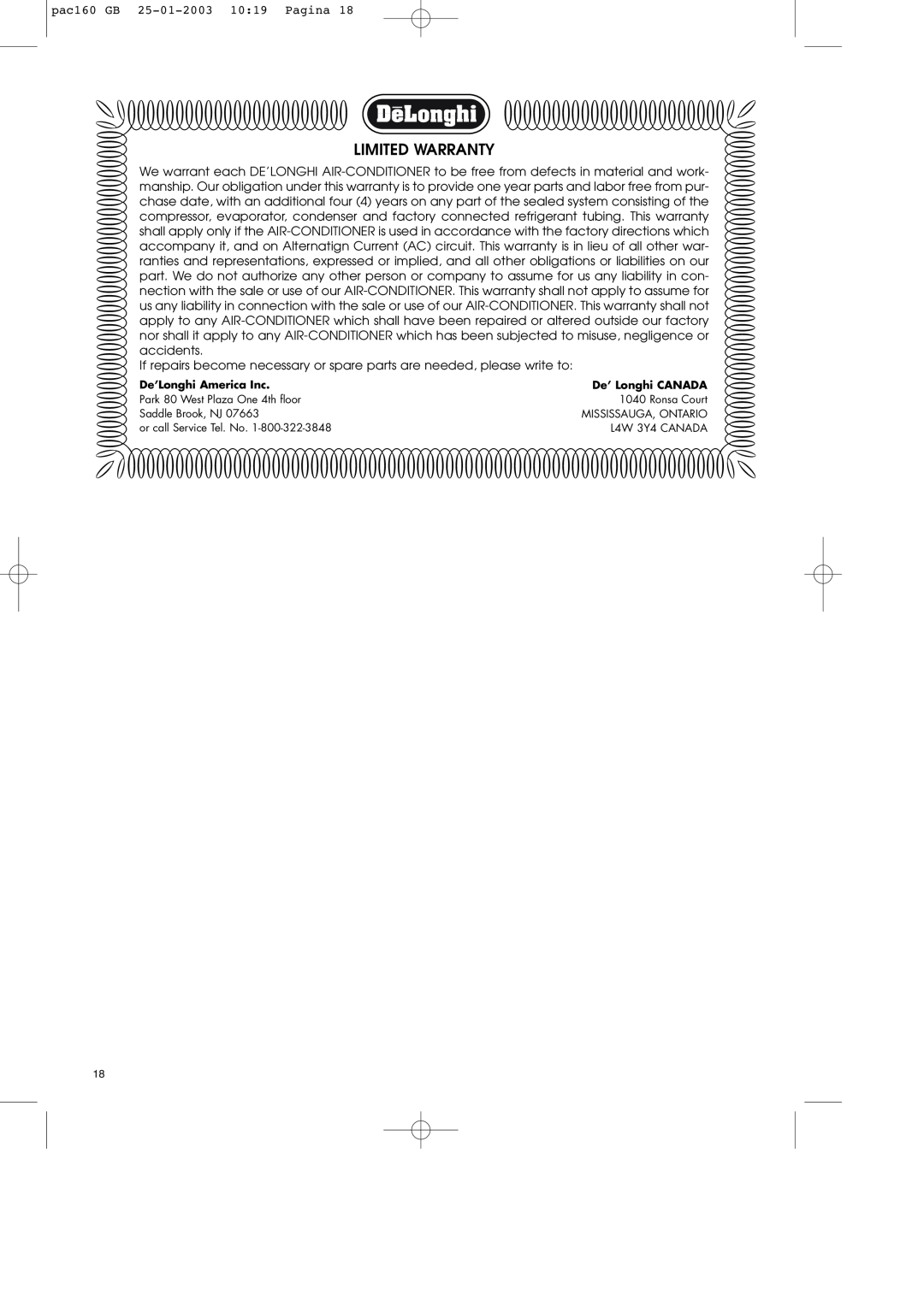 DeLonghi PAC160 manual Limited Warranty, De’Longhi America Inc, De’ Longhi CANADA 
