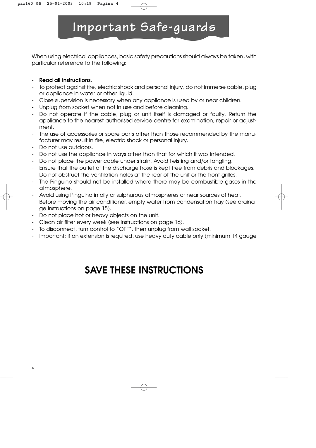 DeLonghi PAC160 manual Important Safe-guards, Save These Instructions 