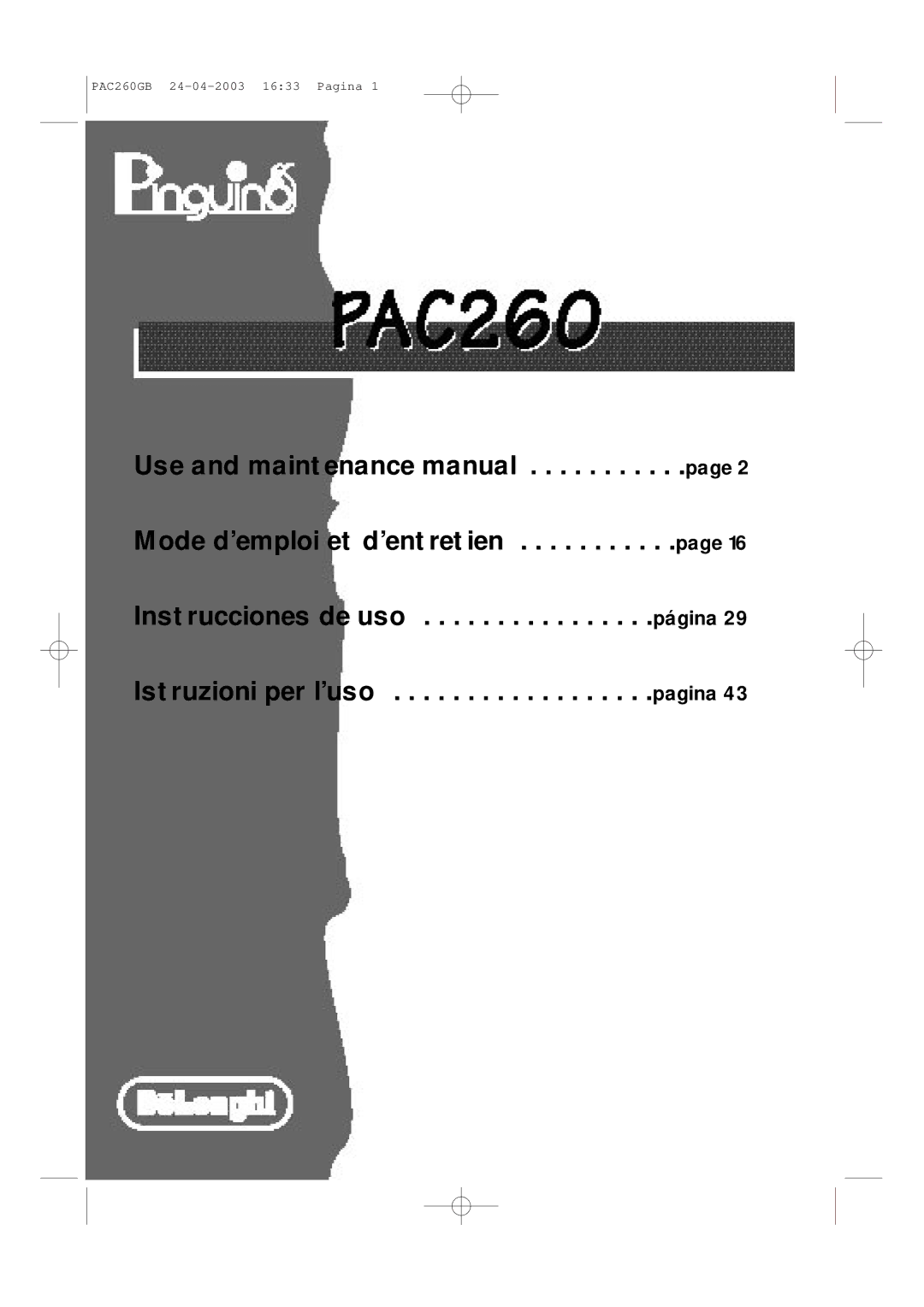 DeLonghi manual PAC260GB 24-04-2003 1633 Pagina 