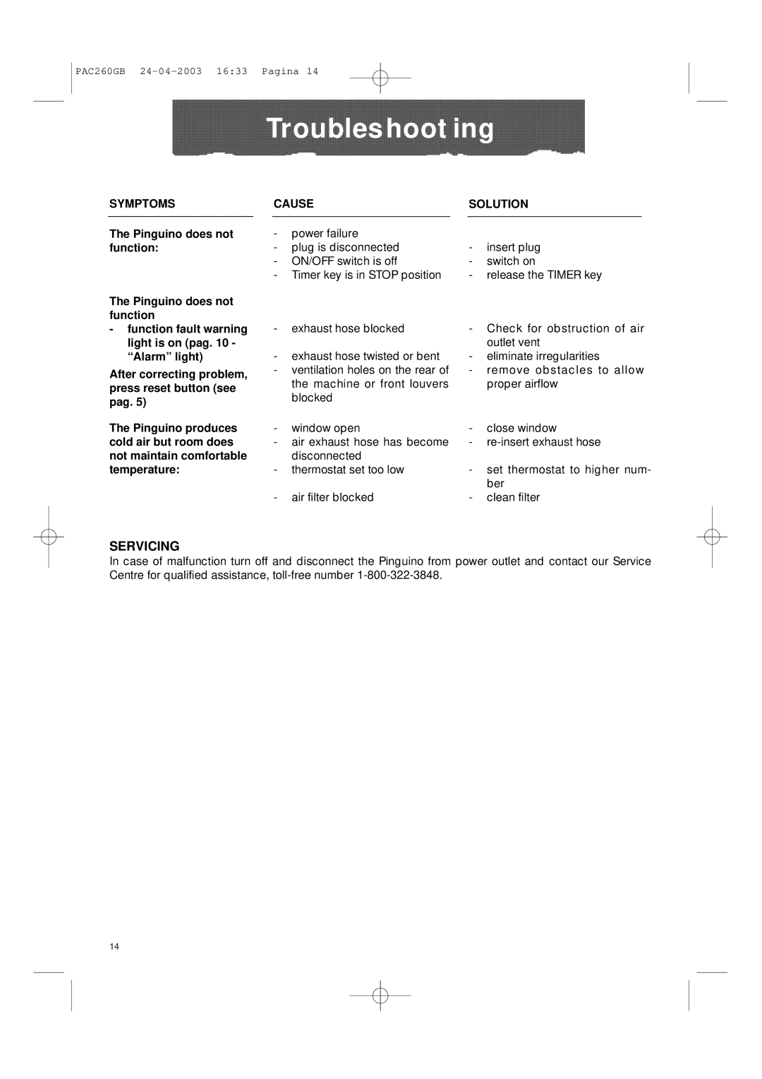 DeLonghi PAC260 manual Troubleshooting, Servicing 