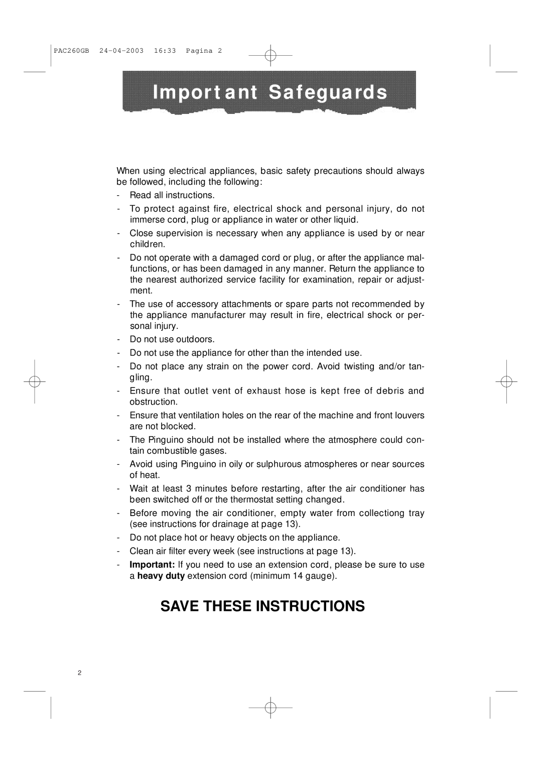 DeLonghi PAC260 manual Important Safeguards 