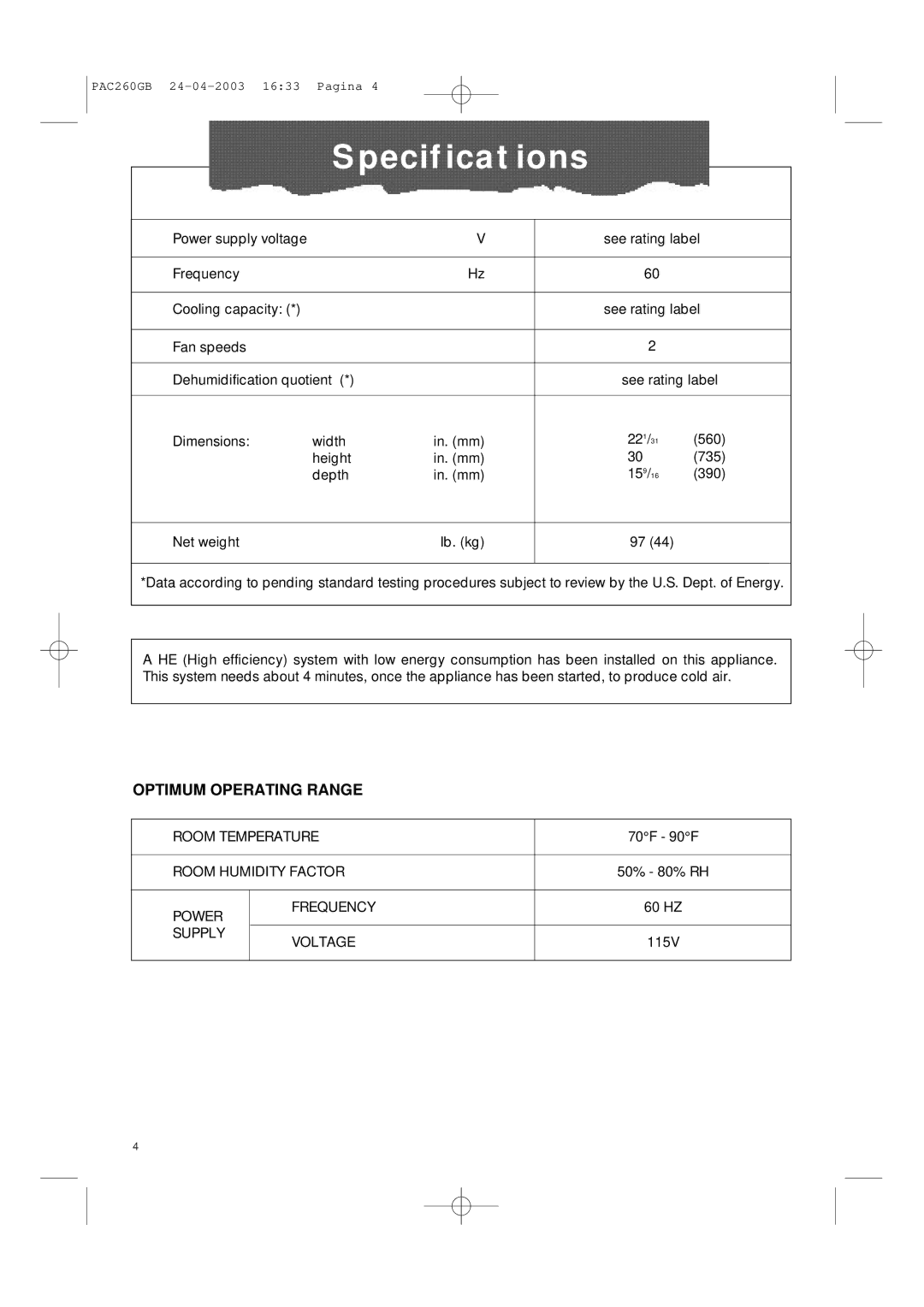 DeLonghi PAC260 manual Specifications, Optimum Operating Range 