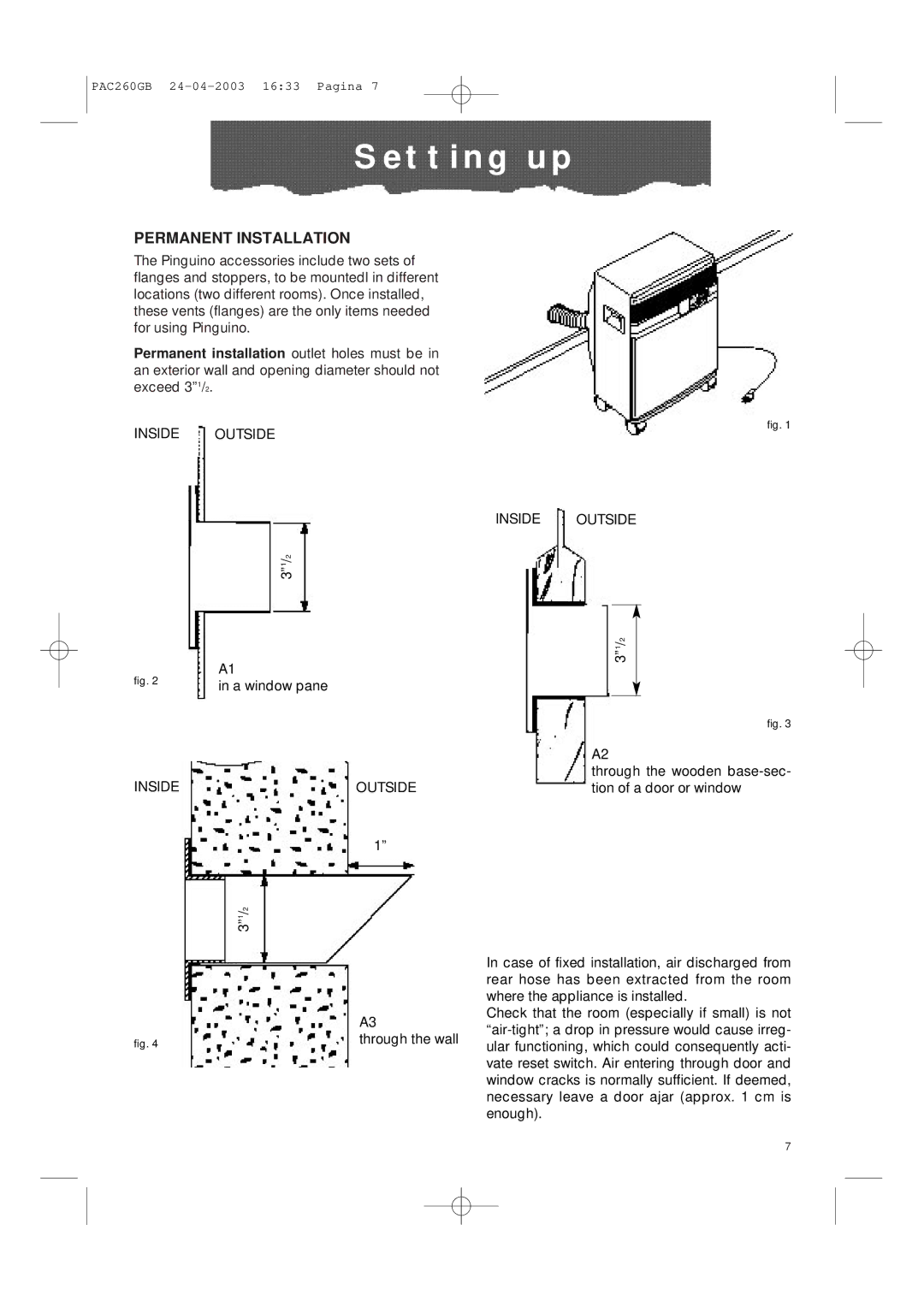 DeLonghi PAC260 manual T t i n g u p, Permanent Installation 