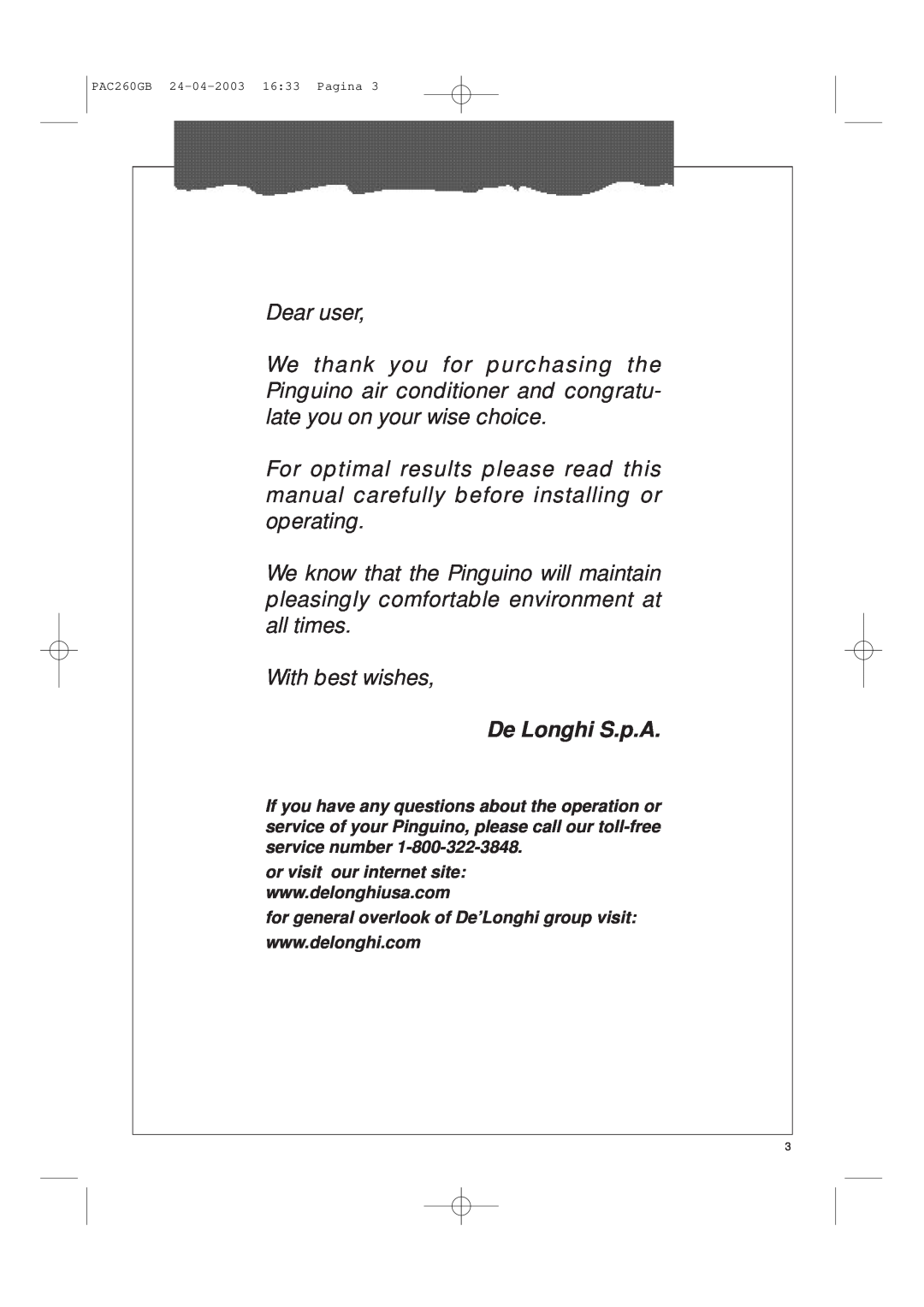 DeLonghi PAC260 manual De Longhi S.p.A 
