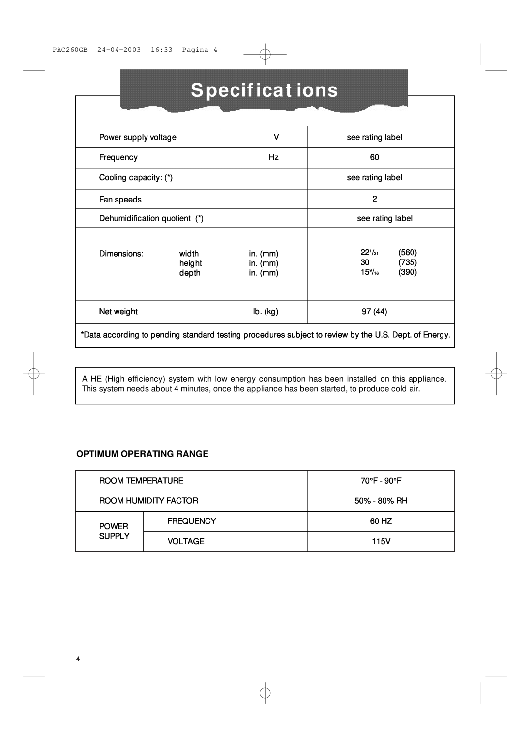 DeLonghi PAC260 manual Specifications, Optimum Operating Range 