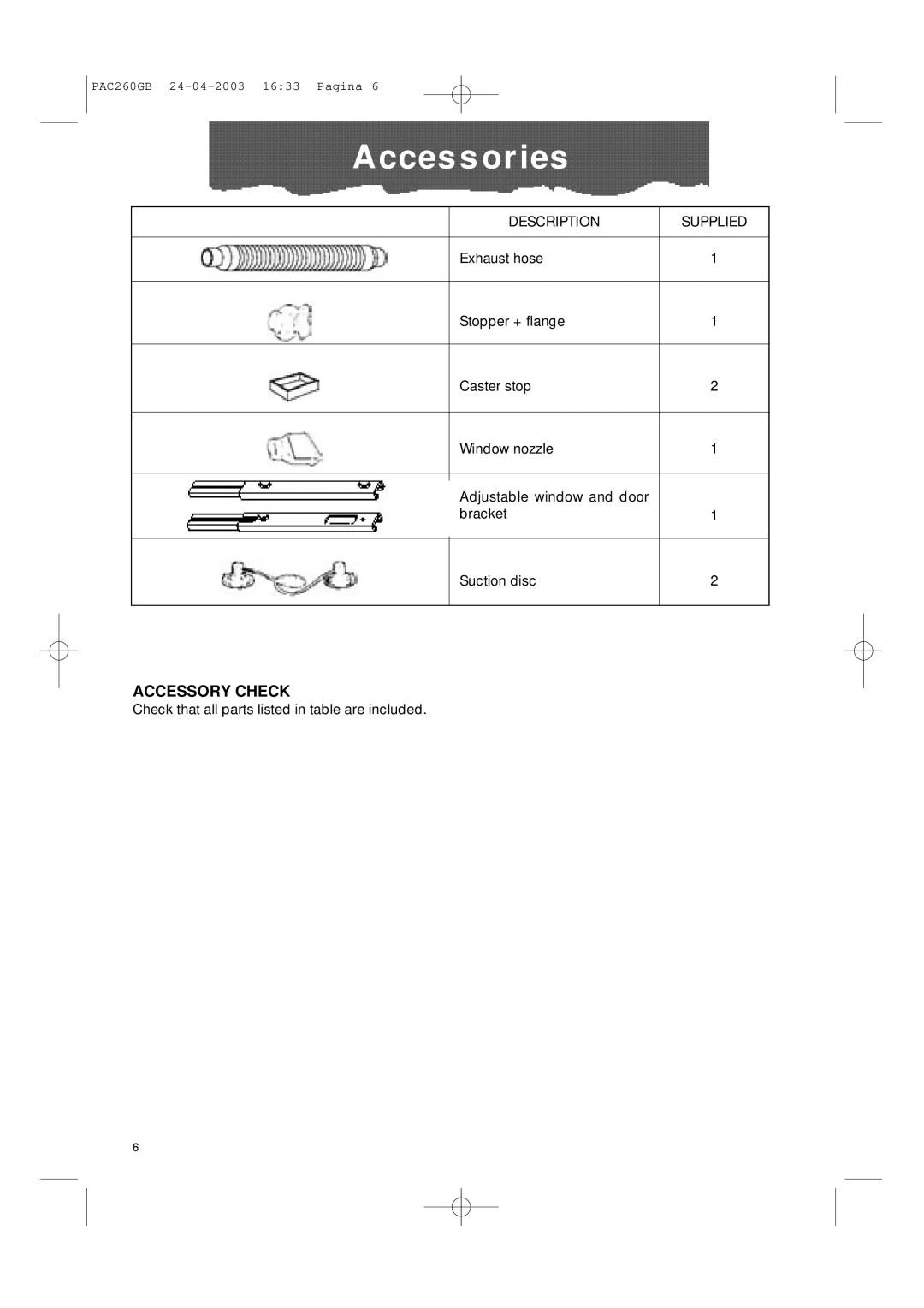 DeLonghi PAC260 manual Accessories, Accessory Check 