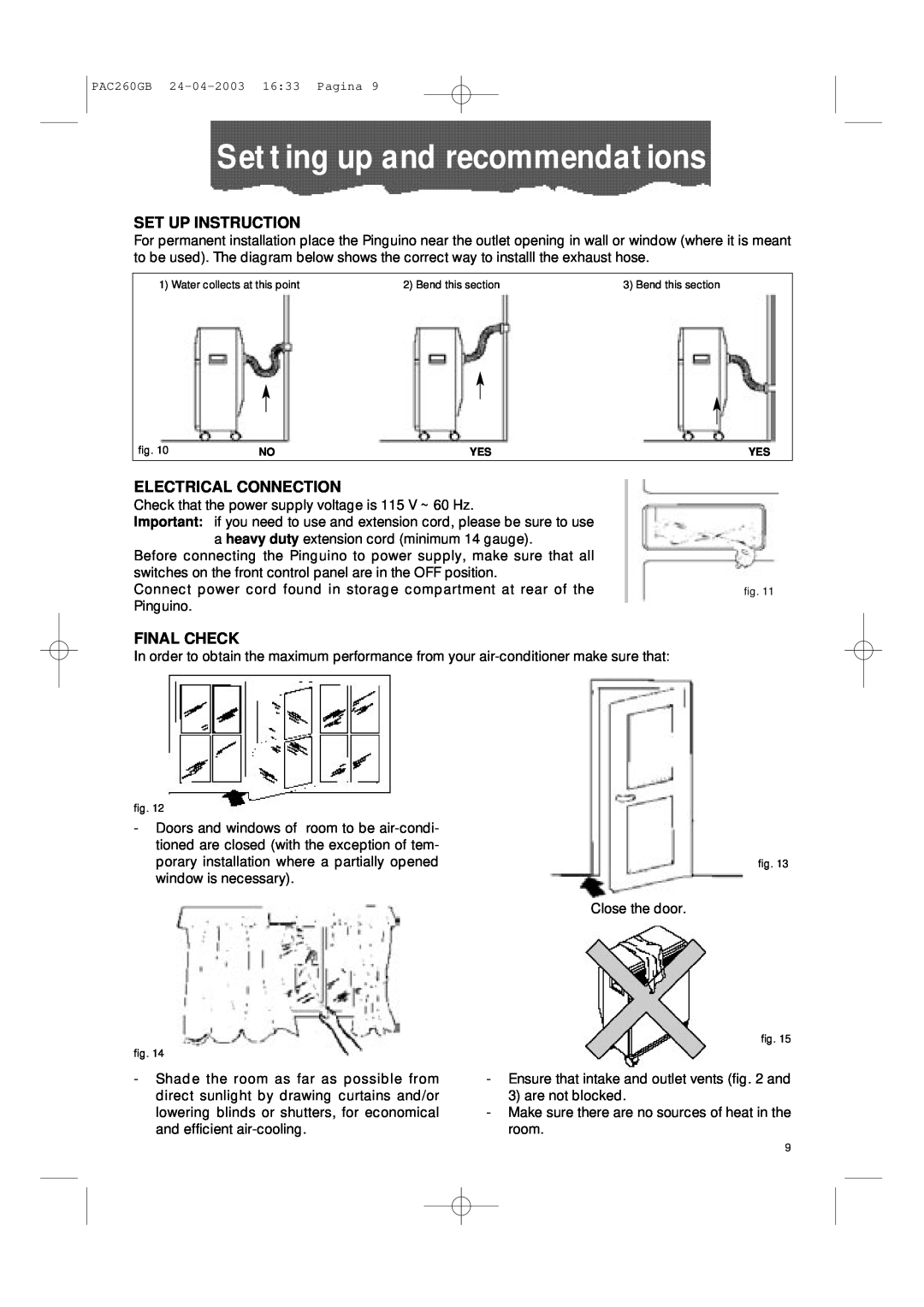 DeLonghi PAC260 manual Setting up and recommendations, Set Up Instruction, Electrical Connection, Final Check 