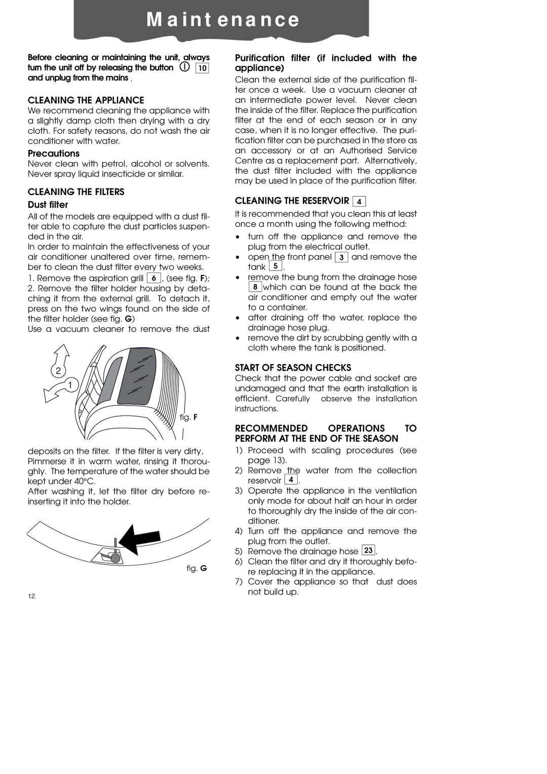 DeLonghi PAC60 manual I n t e n a n c e 