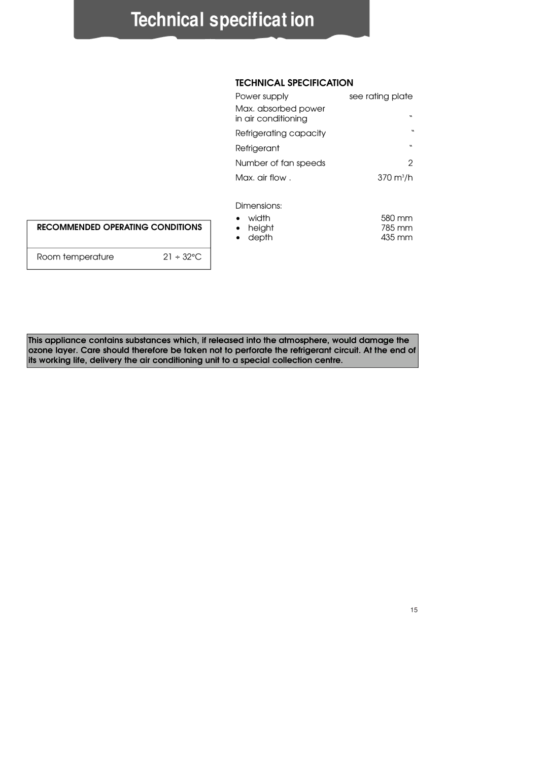 DeLonghi PAC60 manual Technical specification, Technical Specification 