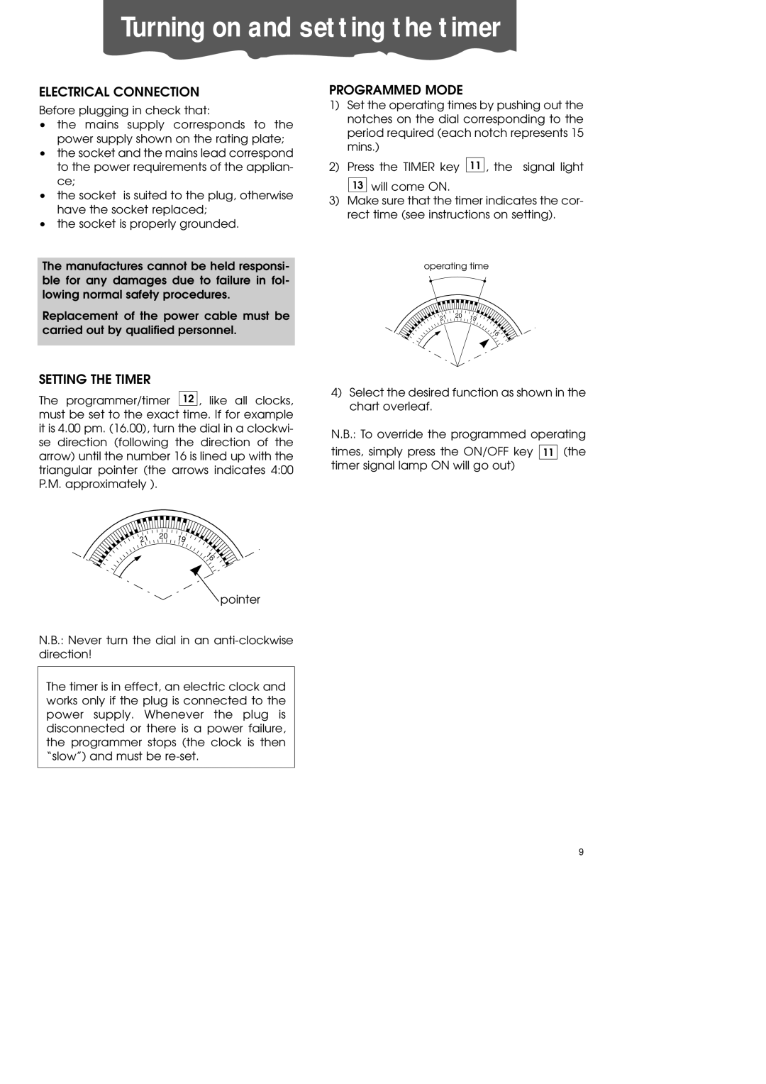 DeLonghi PAC60 manual Turning on and setting the timer, Electrical Connection, Programmed Mode, Setting the Timer 