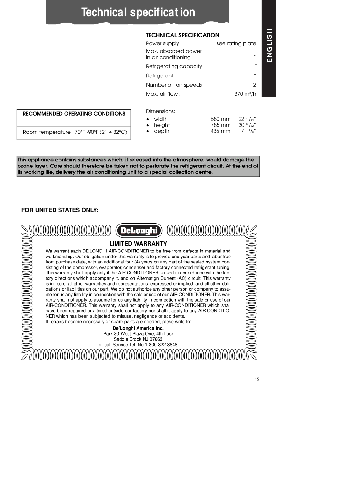 DeLonghi PAC600T manual Technical specification, Technical Specification 