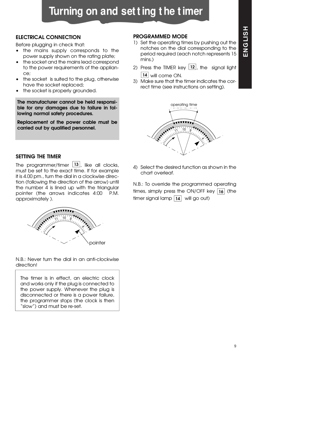 DeLonghi PAC600T manual Turning on and setting the timer, Electrical Connection, Setting the Timer, Programmed Mode 