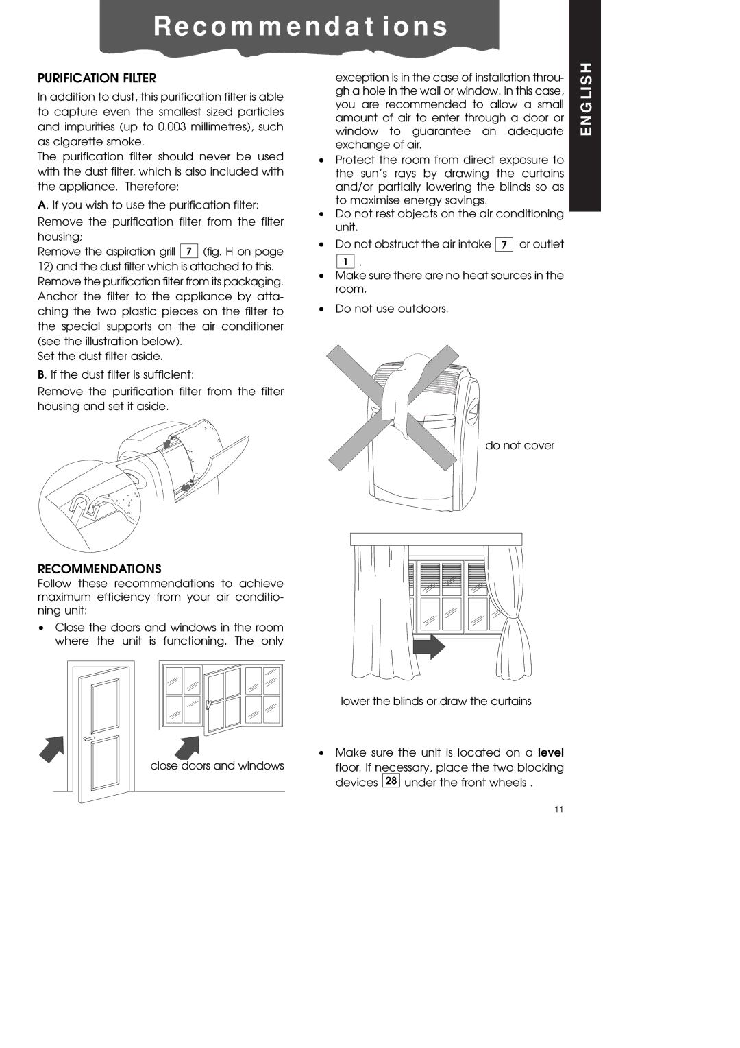 DeLonghi PAC600T manual C o m m e n d a t i o n s, Purification Filter, Recommendations 