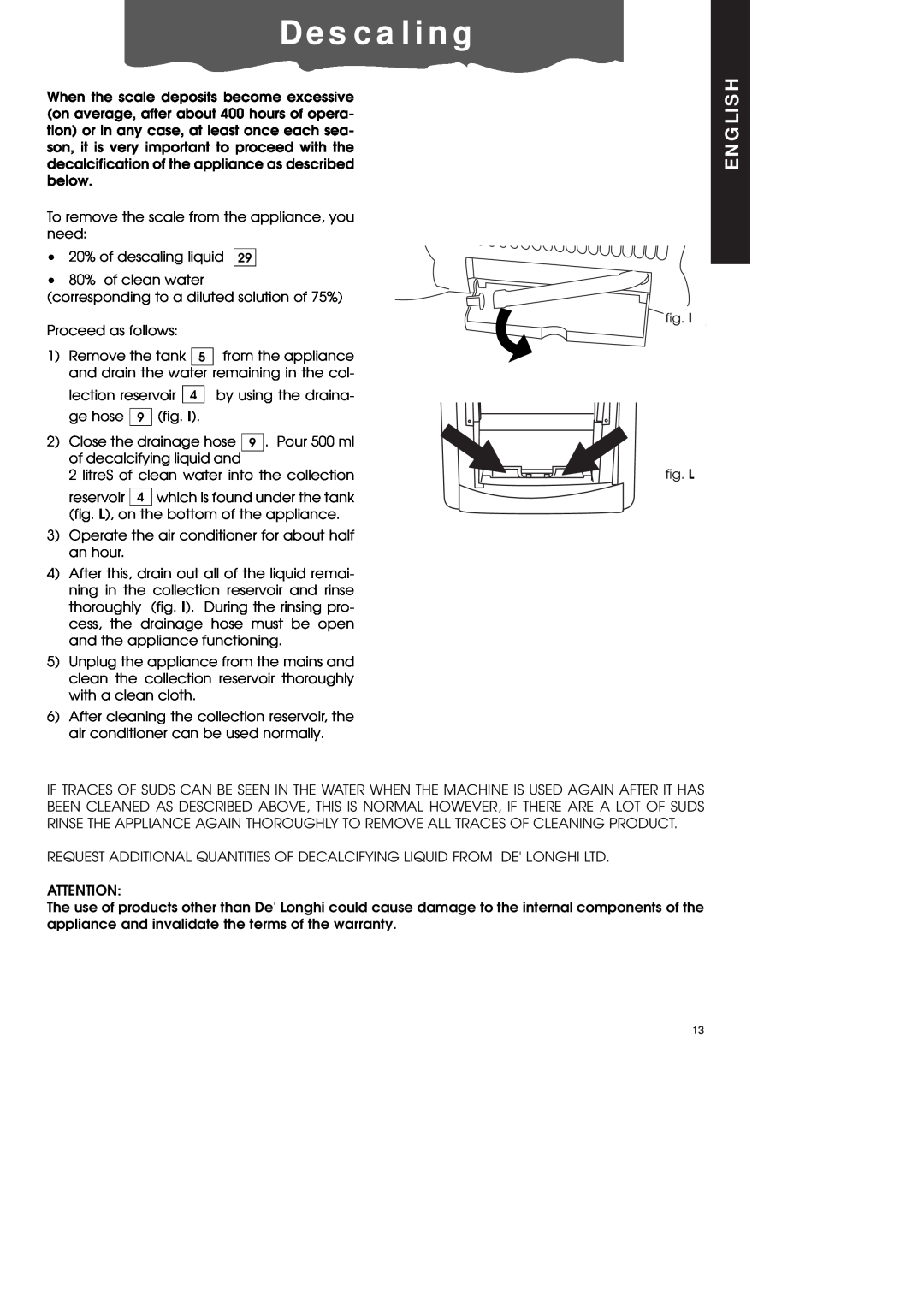 DeLonghi PAC600T manual De s c a l i n g, English 