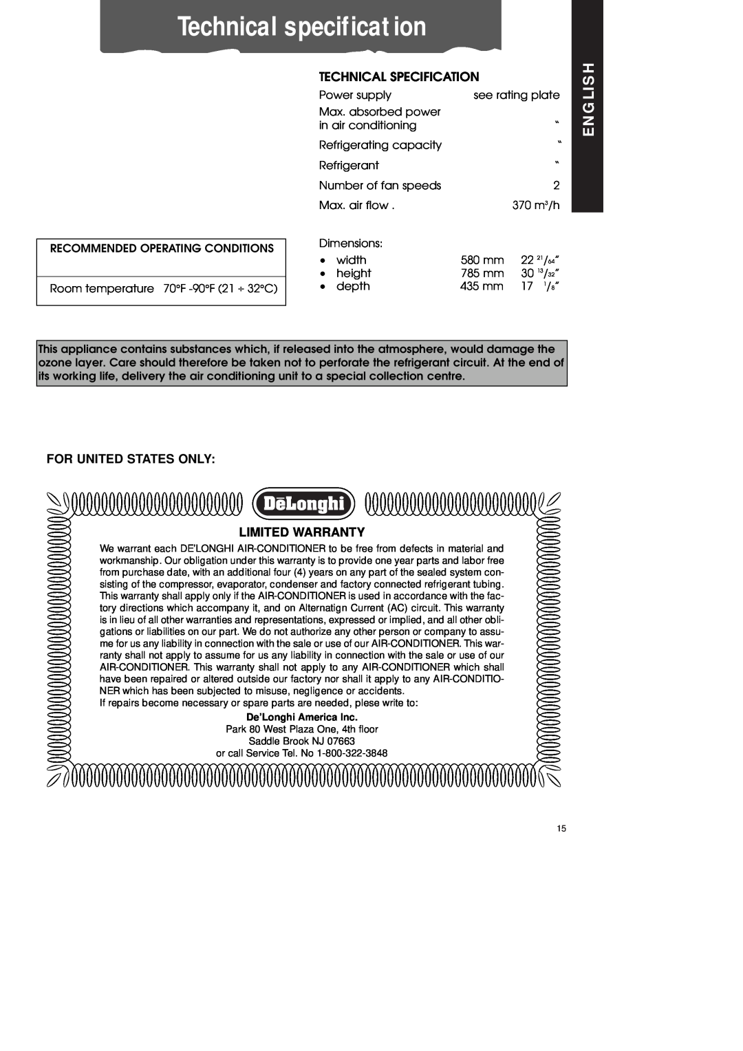 DeLonghi PAC600T manual Technical specification, Technical Specification, For United States Only Limited Warranty, English 