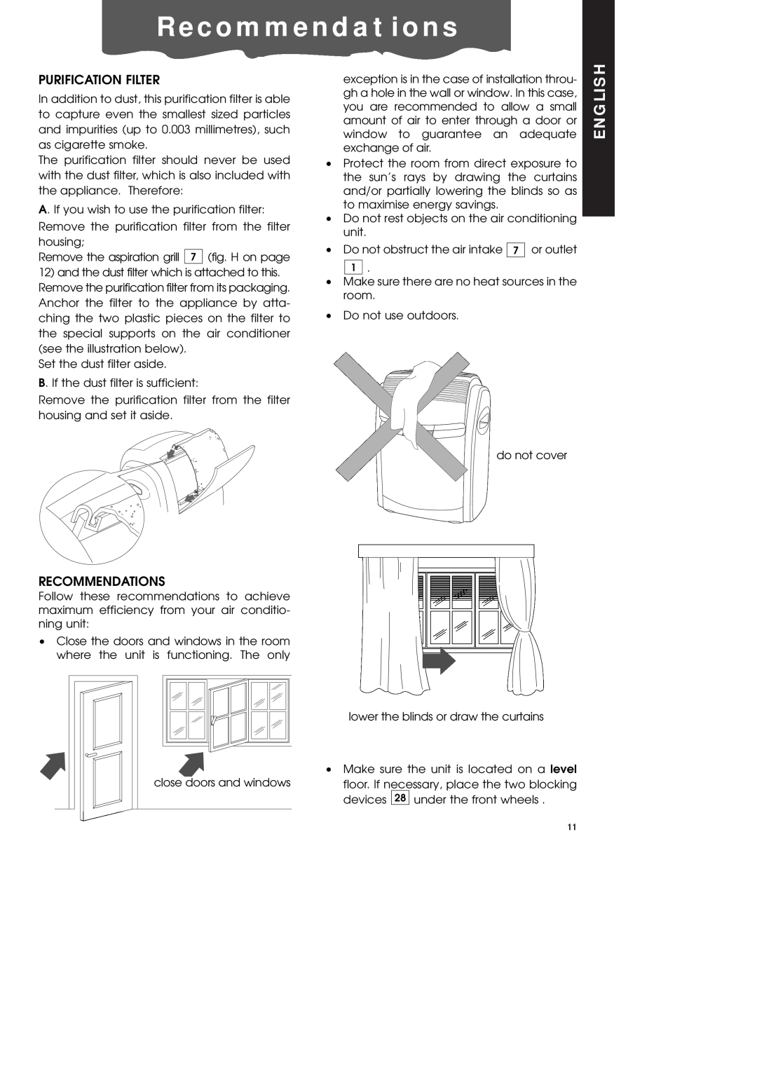 DeLonghi PAC600T manual R e c o m m e n d a t i o n s, Purification Filter, Recommendations, English 