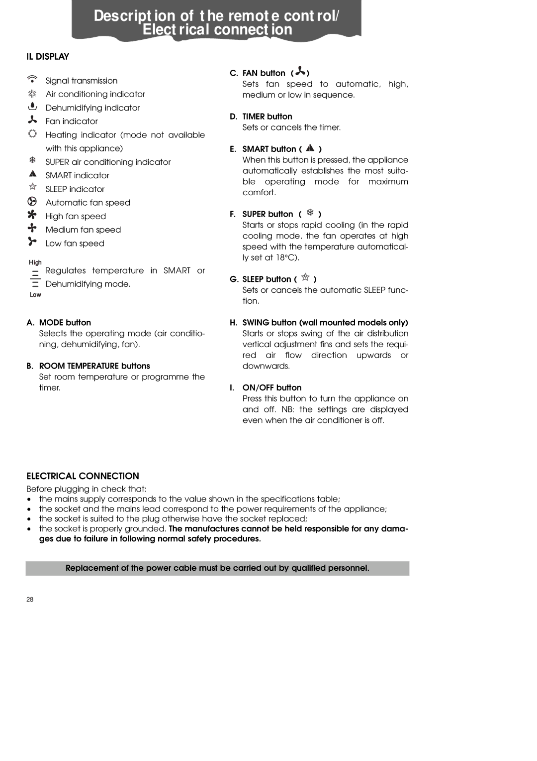 DeLonghi PAC70 ECO manual IL Display, Electrical Connection 