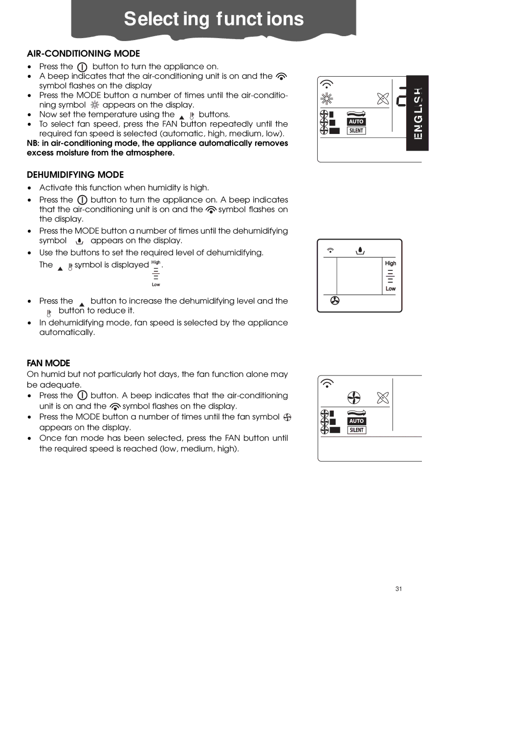 DeLonghi PAC70 ECO manual Selecting functions, AIR-CONDITIONING Mode, Dehumidifying Mode, FAN Mode 