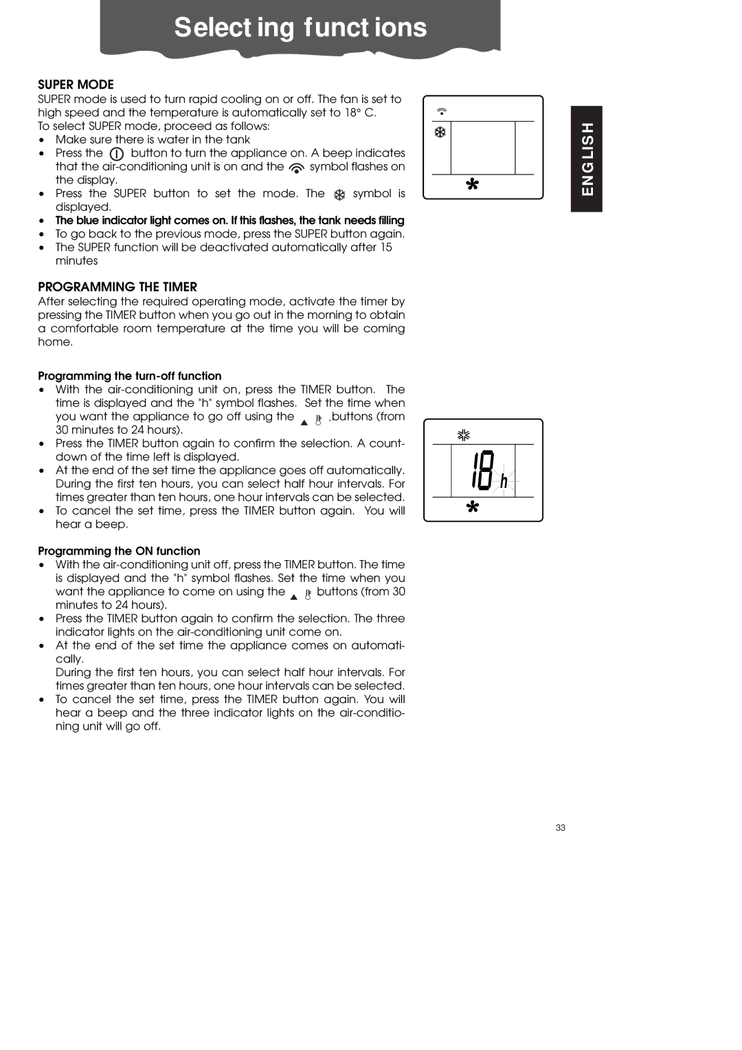 DeLonghi PAC70 ECO manual Super Mode, Programming the Timer 