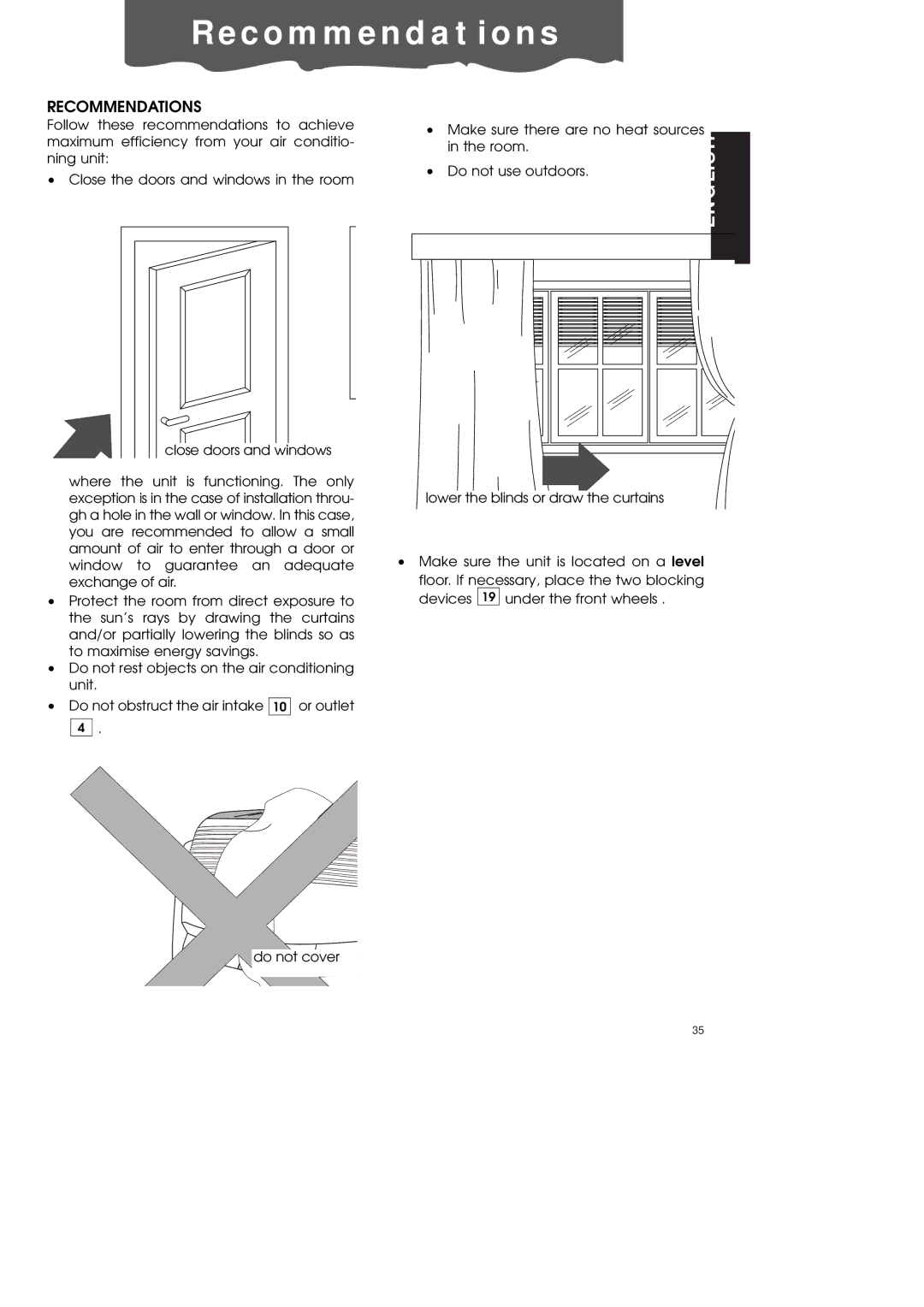 DeLonghi PAC70 ECO manual C o m m e n d a t i o n s, Recommendations 