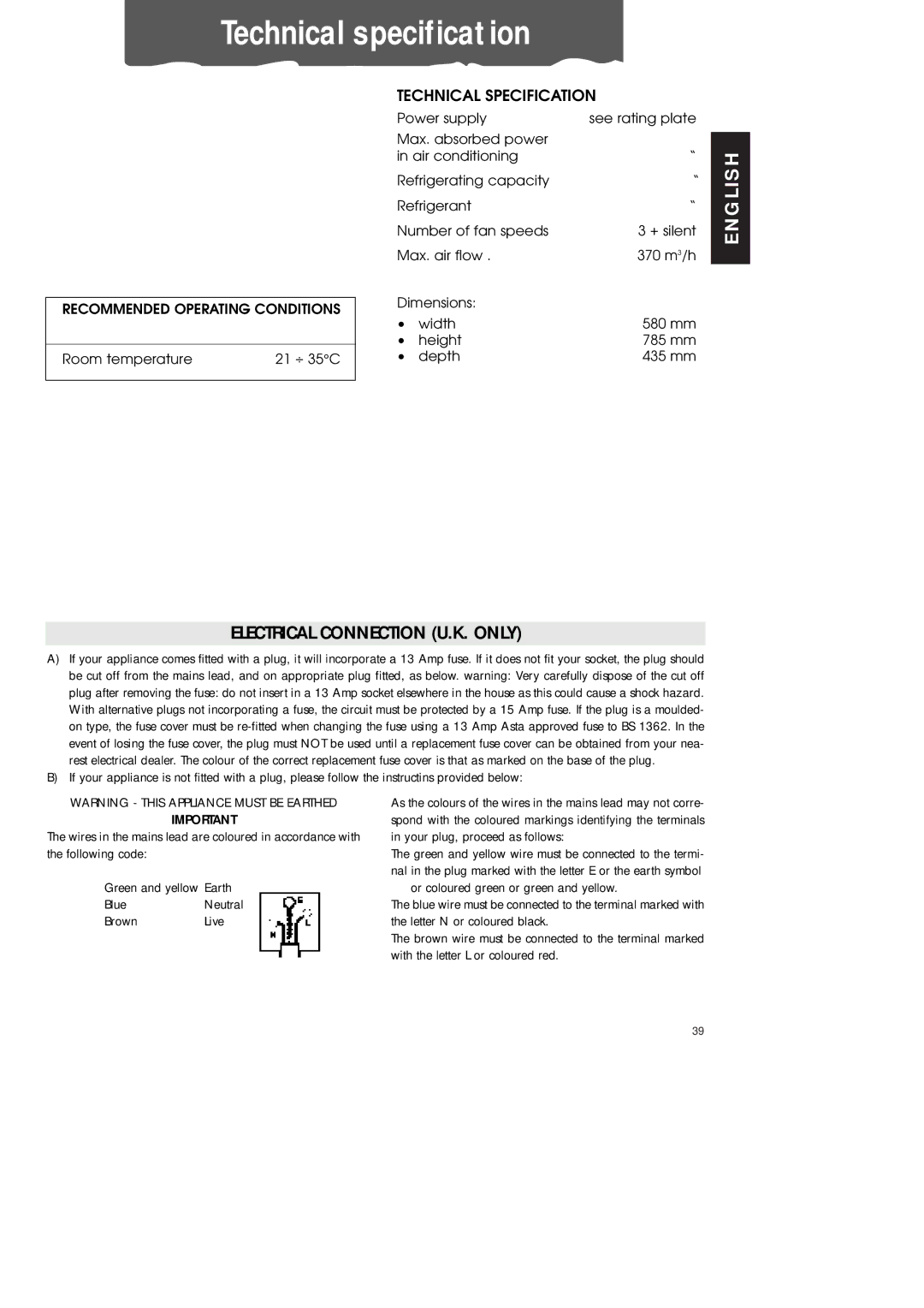 DeLonghi PAC70 ECO manual Technical specification, Technical Specification 