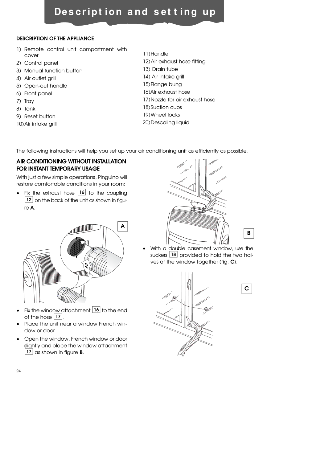 DeLonghi PAC70 ECO manual De s c r i p t i o n a n d s e t t i n g u p 