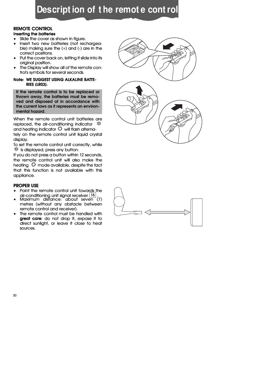DeLonghi PAC70 ECO manual Remote Control, Proper Use, Description of the remote control 