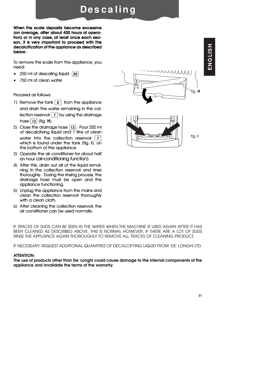 DeLonghi PAC70 ECO manual De s c a l i n g, English 
