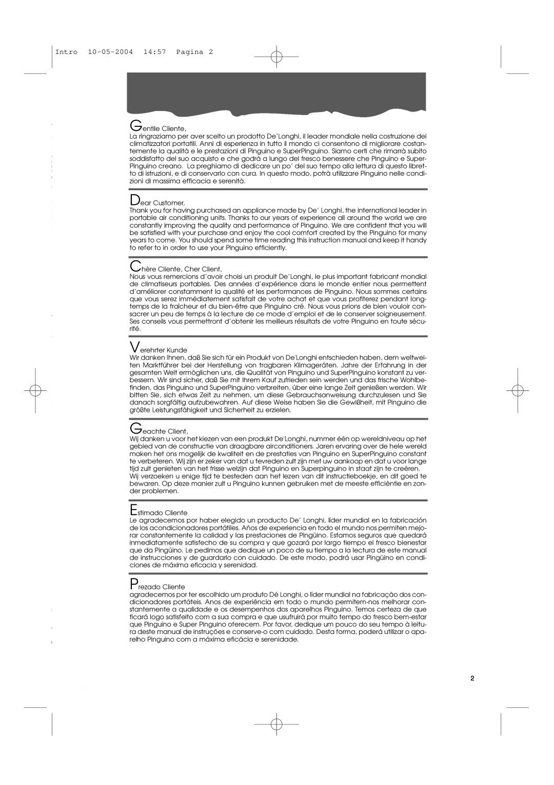 DeLonghi PAC70 ECO manual Intro 10-05-200414 57 Pagina 