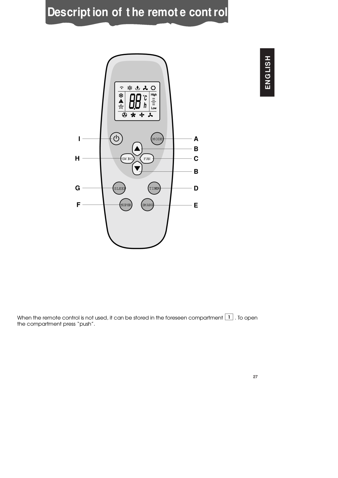 DeLonghi PAC70 ECO manual Description of the remote control, English, A B C B, M Ode, Sw Ing, Sleep, Timer, Super, Sm Art 