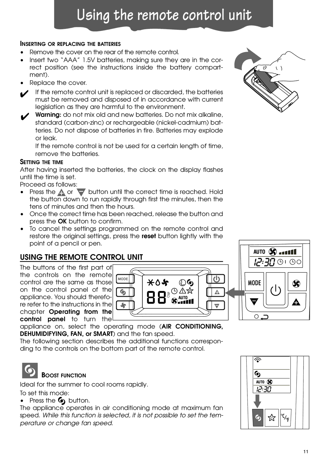 DeLonghi PACA110-A120E specifications Using the remote control unit, Using the Remote Control Unit 