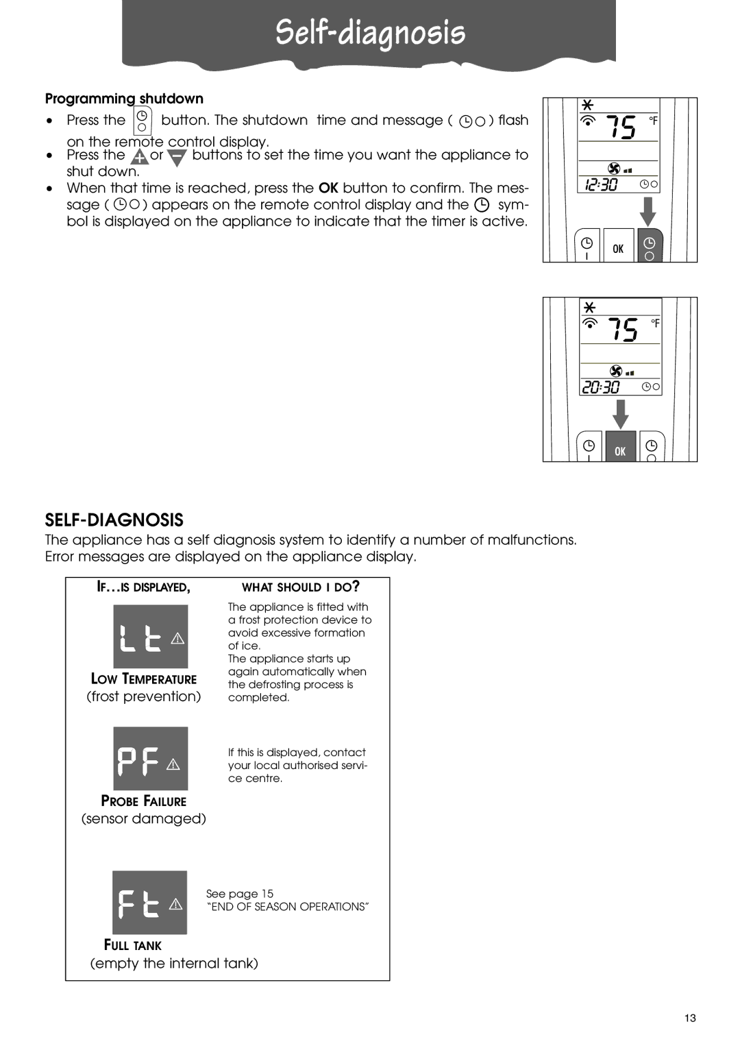 DeLonghi PACA110-A120E specifications Self-diagnosis, Self-Diagnosis 