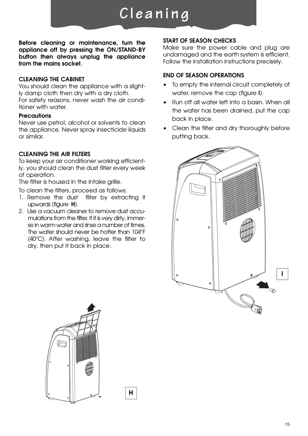 DeLonghi PACA110-A120E specifications E a n i n g, Cleaning the Cabinet 