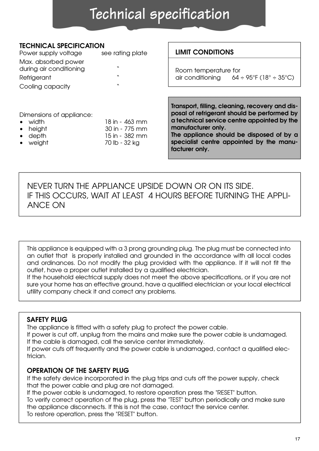 DeLonghi PACA110-A120E specifications Technical specification, Technical Specification, Limit Conditions, Safety Plug 