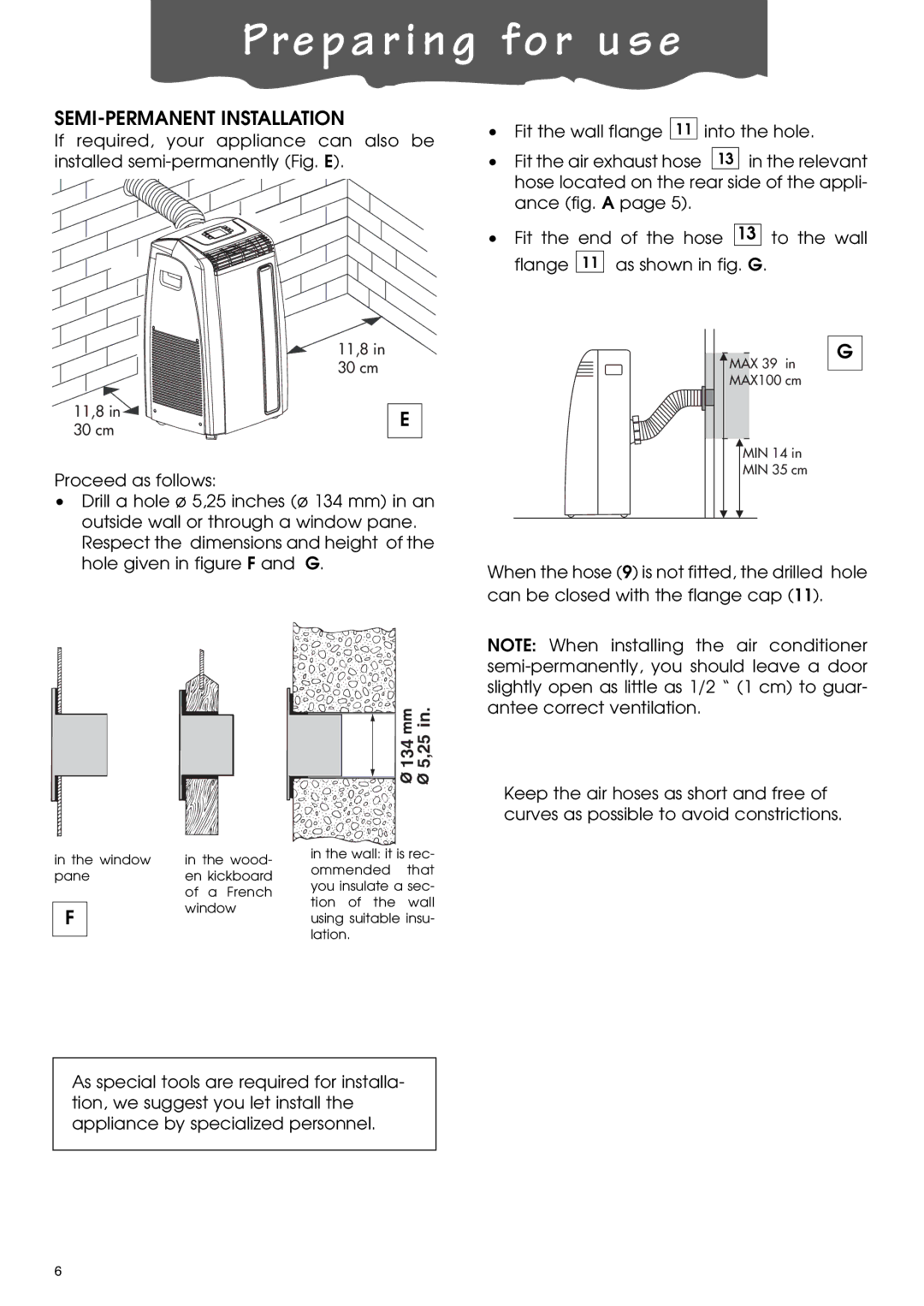 DeLonghi PACA110-A120E specifications Pre p a r i n g fo r u s e, SEMI-PERMANENT Installation 