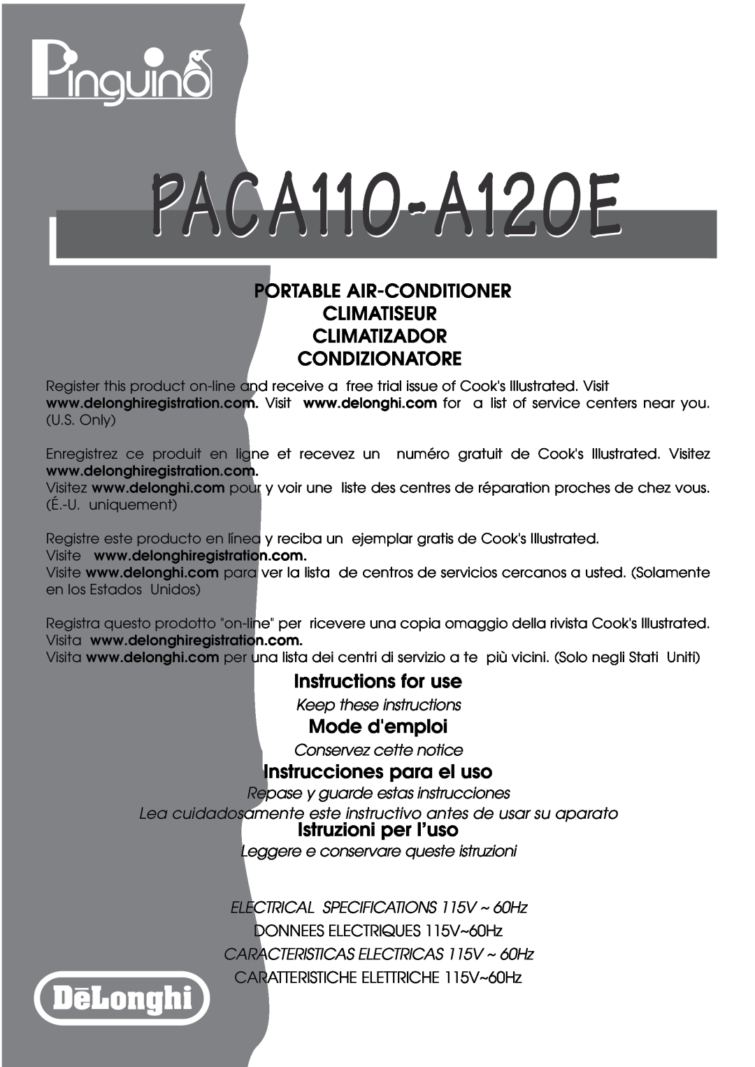 DeLonghi PACA110-A120E specifications Keep these instructions, Conservez cette notice, Repase y guarde estas instrucciones 