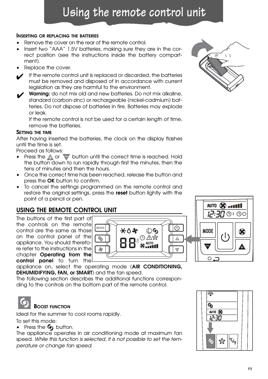 DeLonghi PACA110-A120E specifications Using the remote control unit, Using The Remote Control Unit 