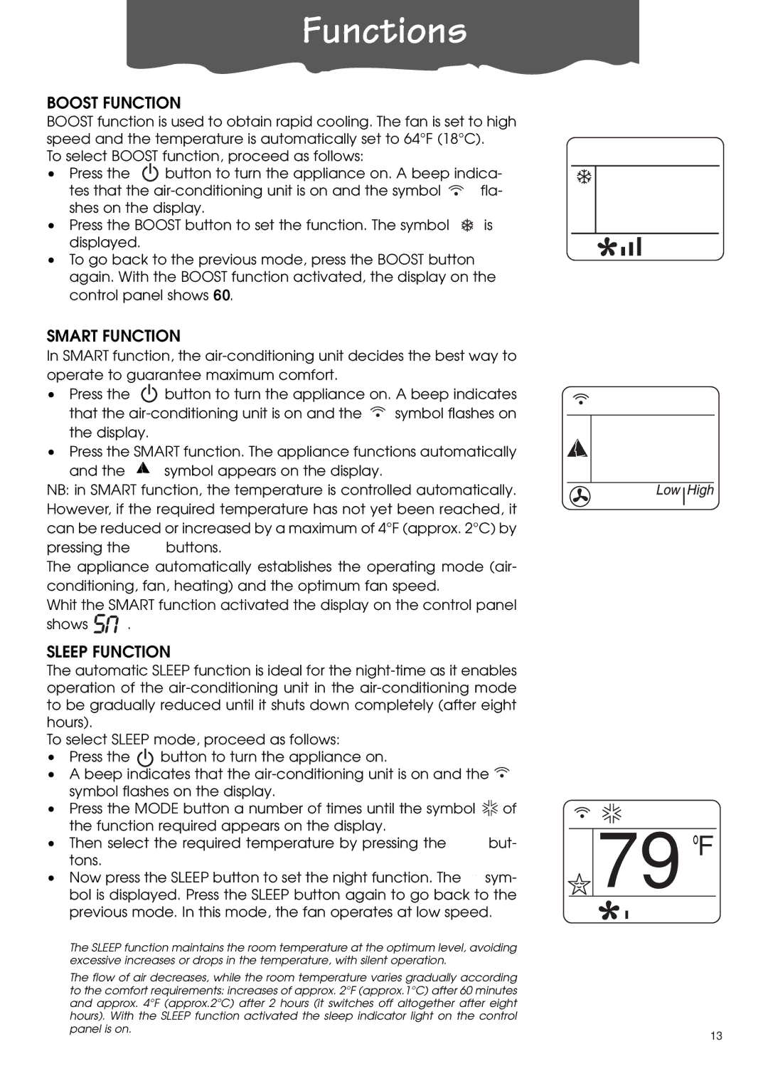 DeLonghi PACL90 specifications Boost Function, Smart Function, Sleep Function 