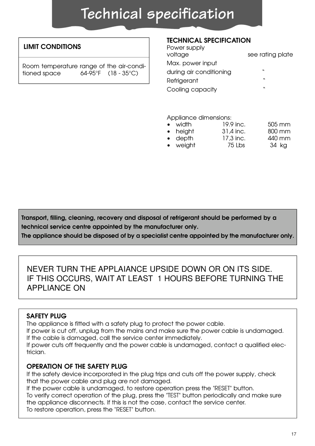 DeLonghi PACL90 specifications Technical specification, Limit Conditions, Technical Specification, Safety Plug 