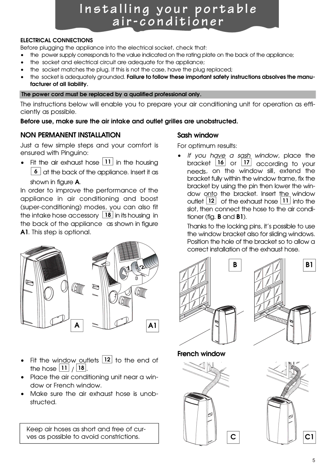 DeLonghi PACL90 specifications NON Permanent Installation, Electrical Connections 