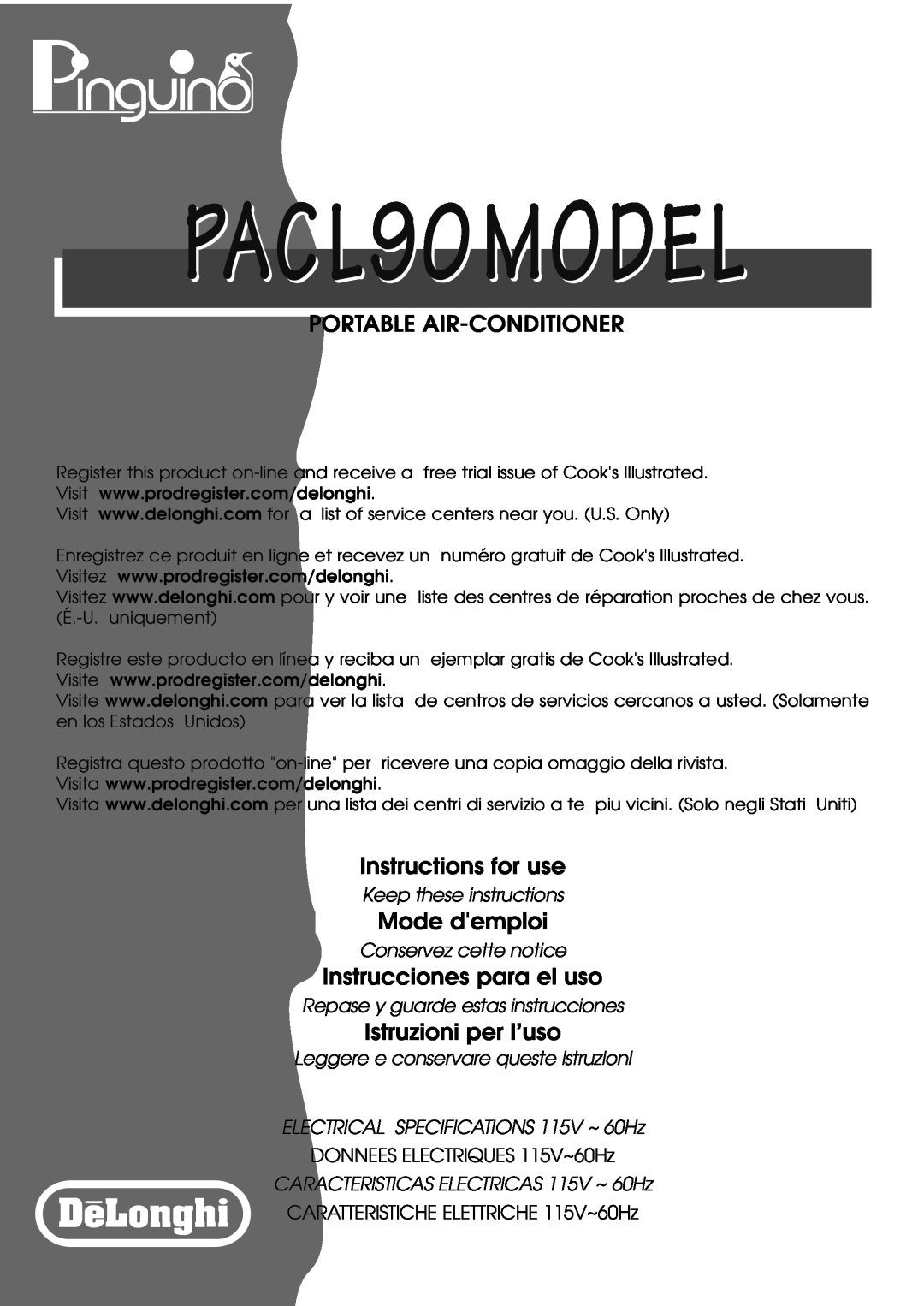 DeLonghi specifications PACL90MODEL, Portable Air-Conditioner, Instructions for use, Mode demploi, Istruzioni per l’uso 