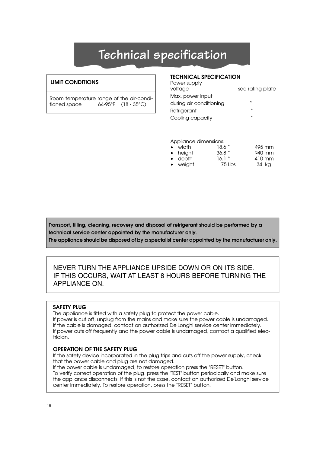 DeLonghi PACT100P, PACT110P specifications Technical specification, Limit Conditions, Technical Specification, Safety Plug 