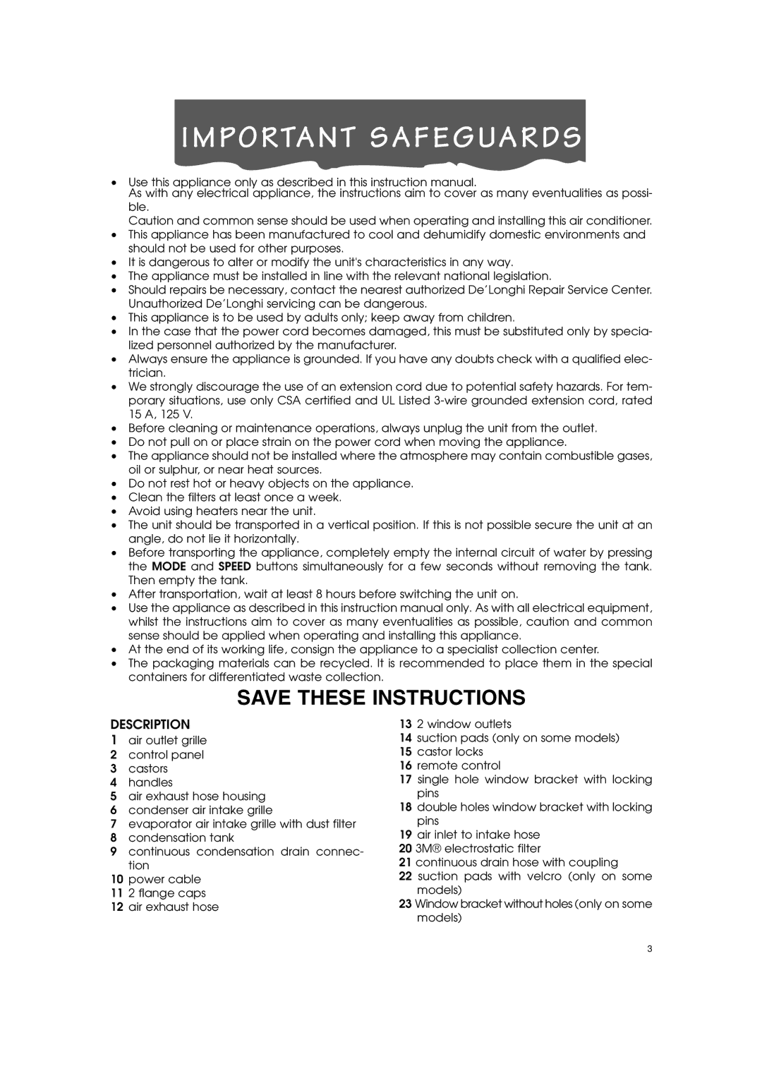 DeLonghi PACT110P, PACT100P specifications Important Safeguards, Description 