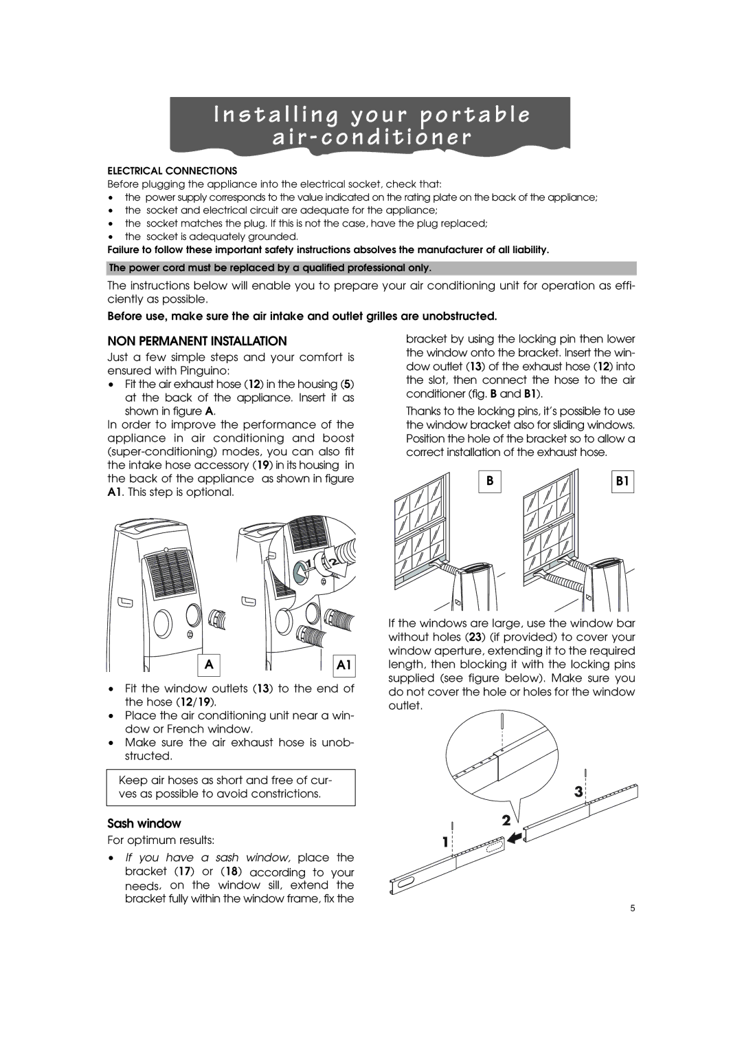 DeLonghi PACT110P, PACT100P specifications NON Permanent Installation, Electrical Connections 