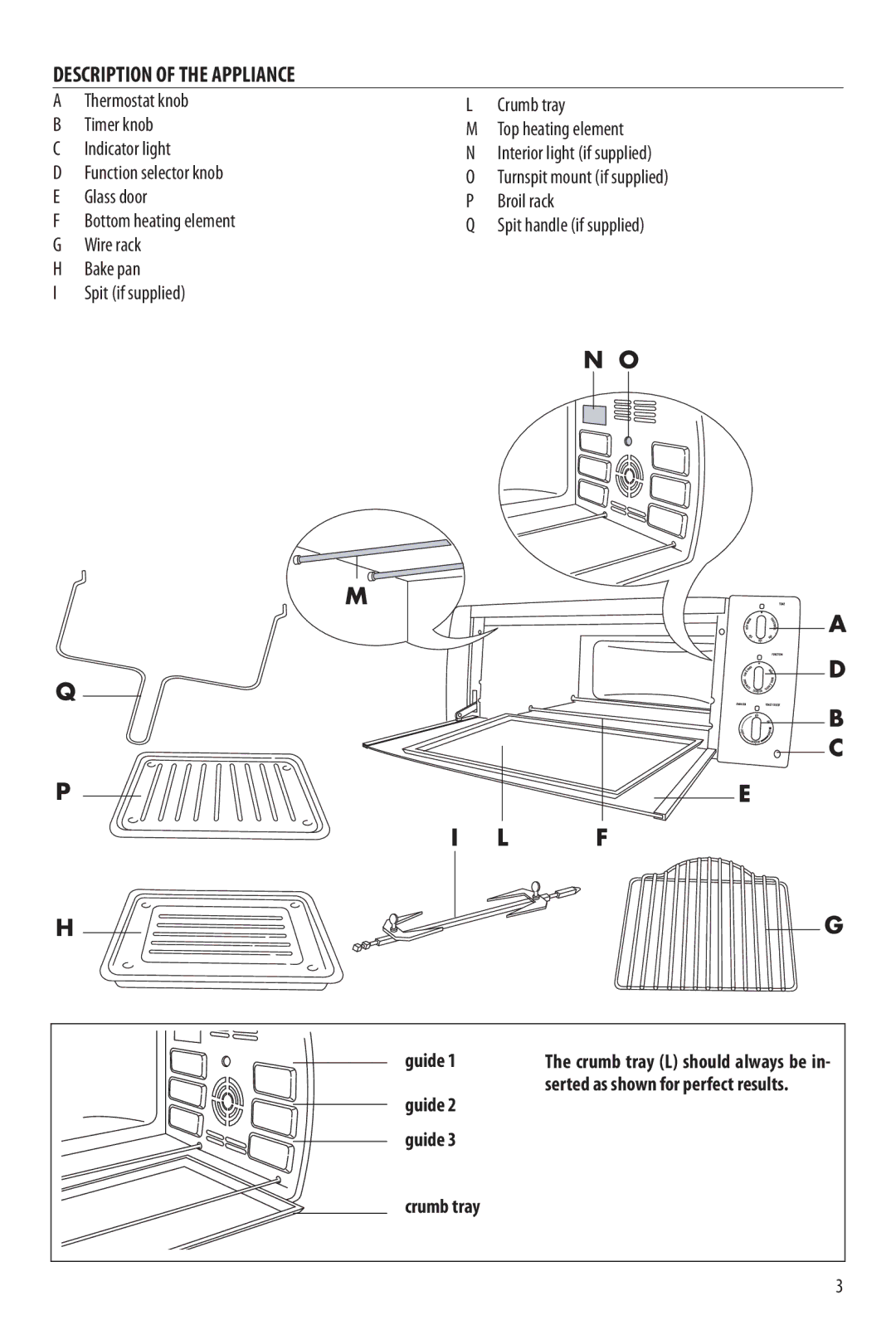 DeLonghi RO2058, RO2050, EO2060, EO2058 manual Description of the Appliance, Guide Crumb tray 