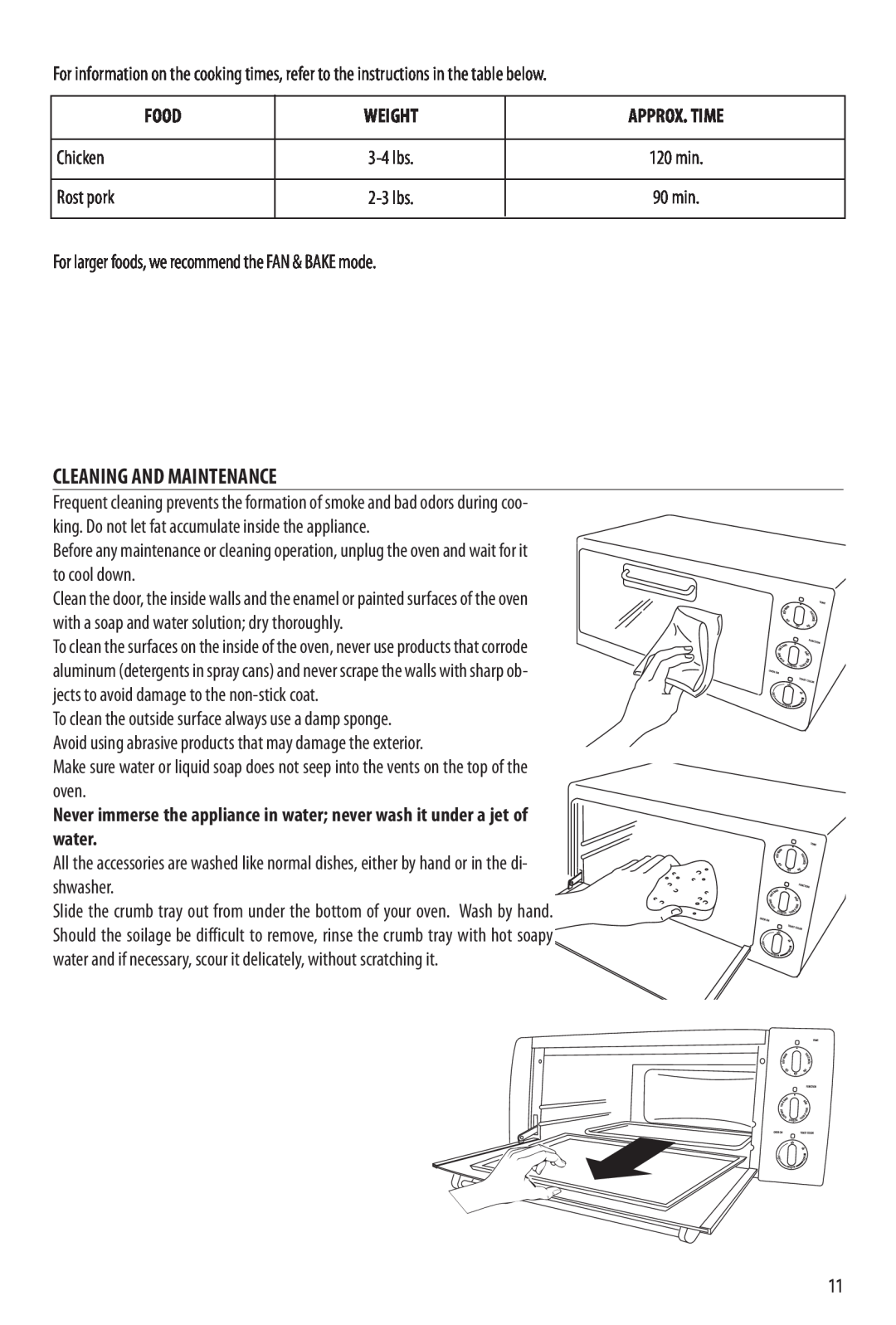 DeLonghi RO2058, RO2050, EO2060, EO2058 manual Cleaning And Maintenance, Food, Weight, Approx. Time 