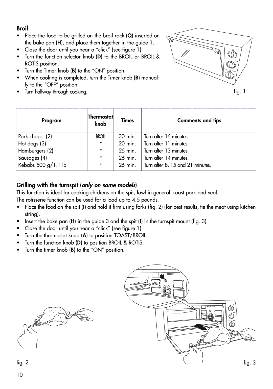 DeLonghi RO2058, RO2050, EO 2060 manual Broil, Grilling with the turnspit only on some models 