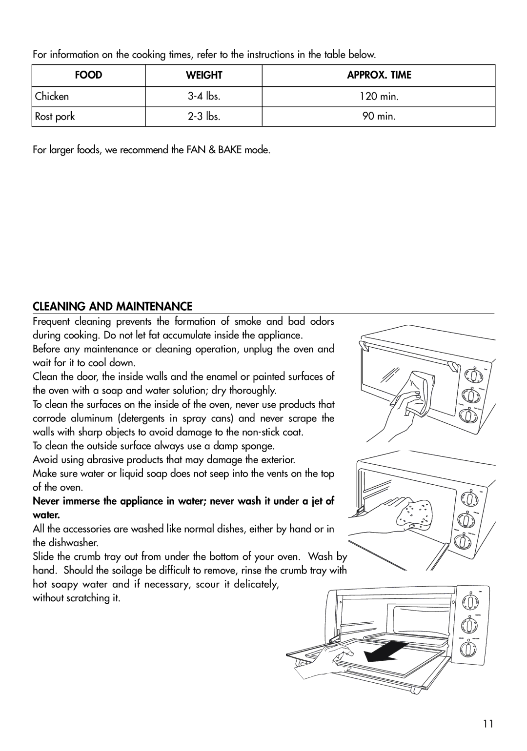 DeLonghi EO 2060, RO2050, RO2058 manual Cleaning and Maintenance, Food Weight APPROX. Time 