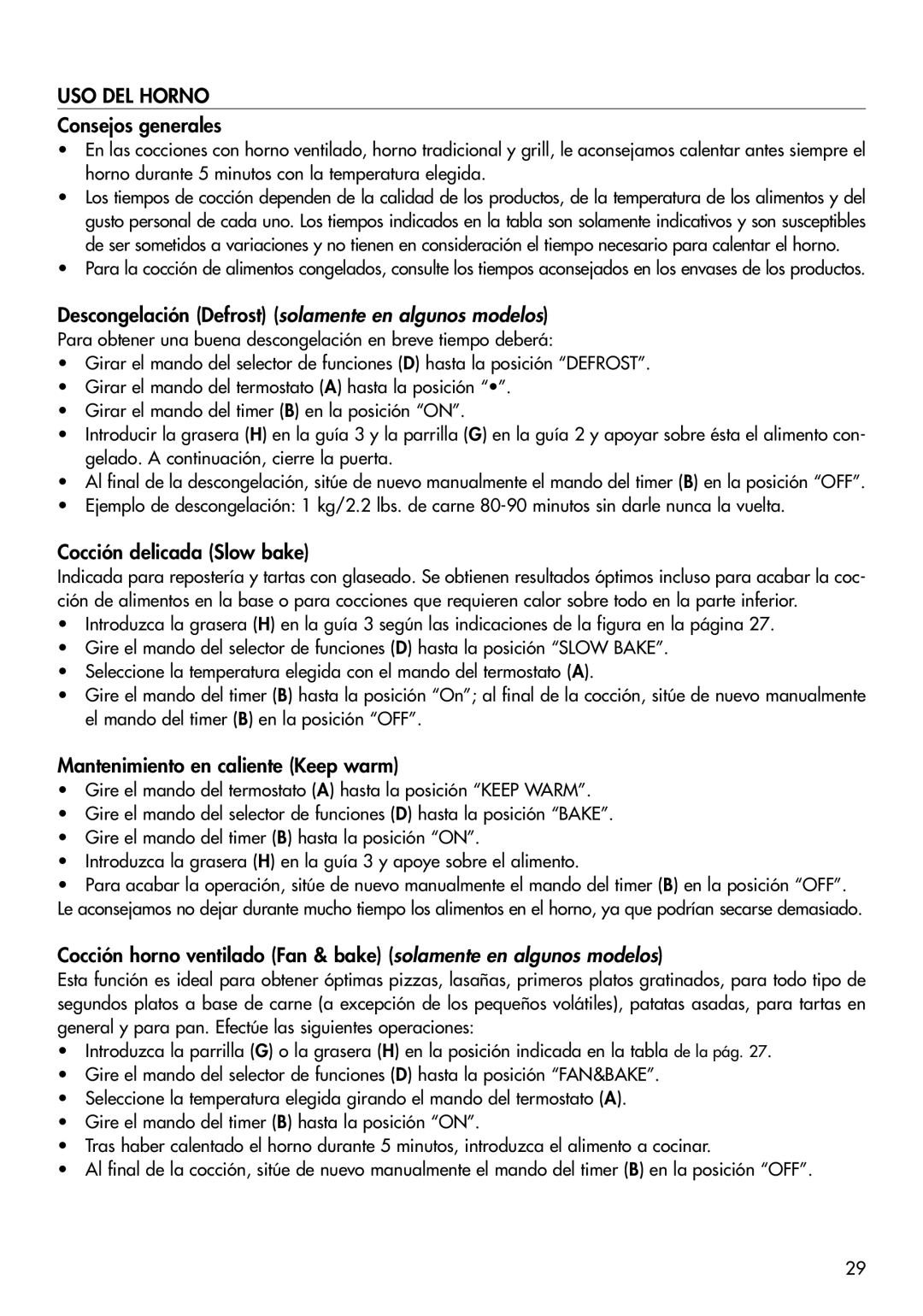 DeLonghi RO2050, RO2058, EO 2060 USO DEL Horno, Consejos generales, Descongelación Defrost solamente en algunos modelos 