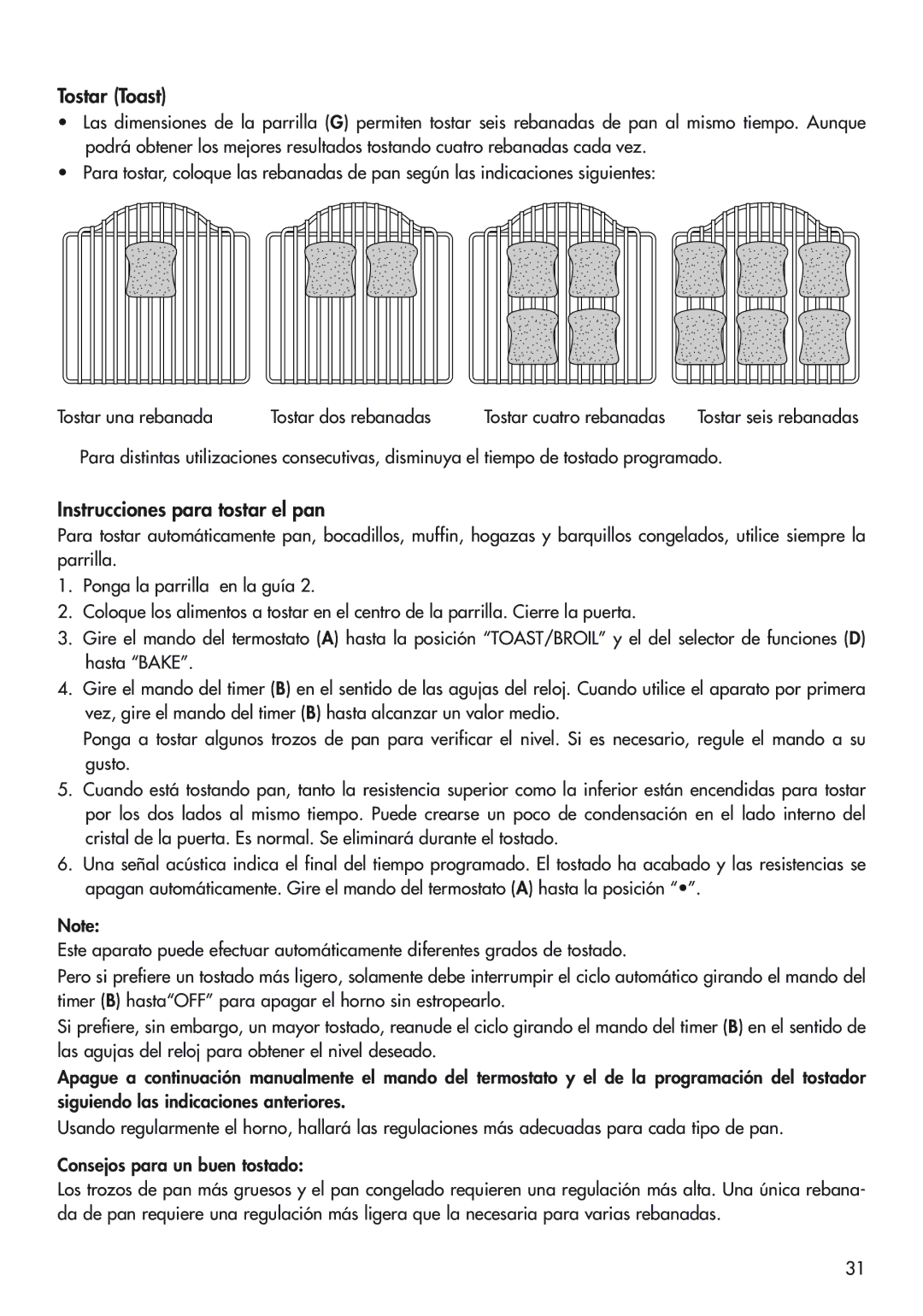 DeLonghi EO 2060, RO2050, RO2058 manual Tostar Toast, Instrucciones para tostar el pan 